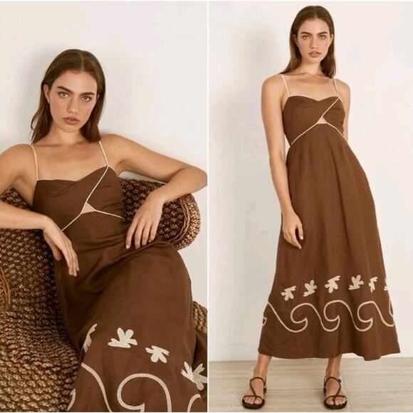 Mon Renn Dresses & Skirts - Mon Renn Fresco Embroidered Hemline Sundress Maxi Dress Linen Blend Small